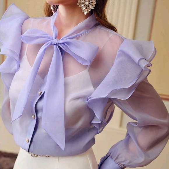 ORGANZA TIE NECK RUFFLE TRIM LANTERN SLEEVE BLOUSE - Picture 5 of 5
